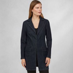 BISOU BISOU Womens Jacket Small Black Denim Coat Y2K 90s Hook Eye Longline Retro